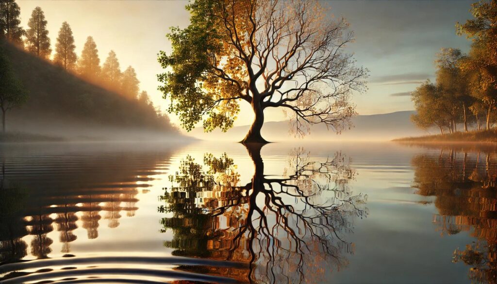 Un árbol solitario al borde de un lago tranquilo.