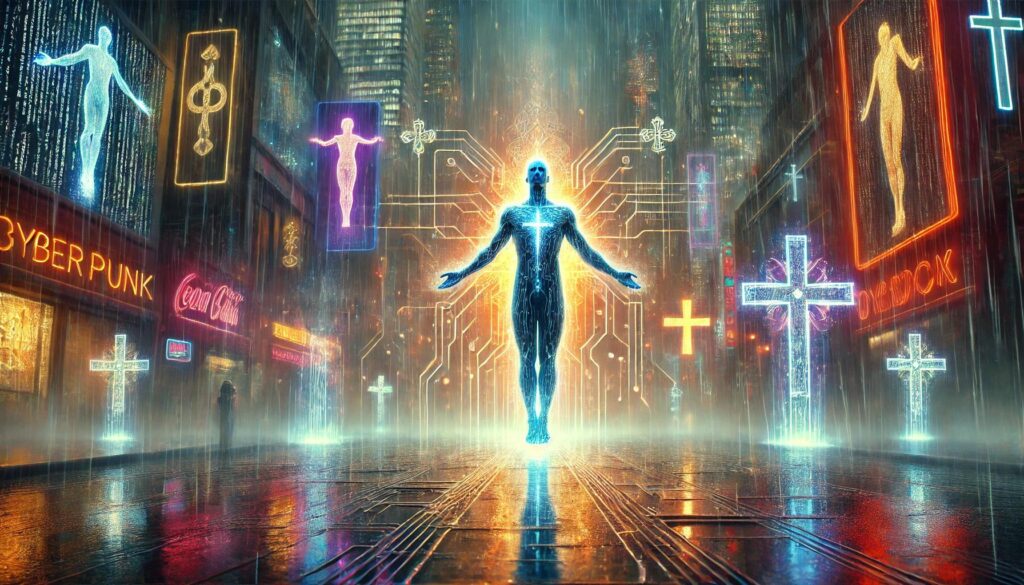 Figura contemplativa en un entorno cyberpunk, rodeada de símbolos sagrados y flujos de luz, simbolizando la unidad divina en un contexto futurista y urbano. La imagen representa la fusión de lo sagrado y lo moderno, evocando un cristianismo no dual y la aceptación amorosa de la realidad.